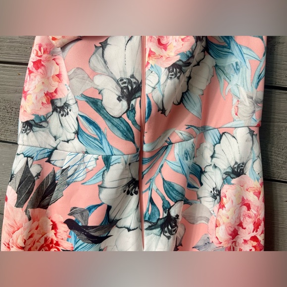 ASOS Pink Blue Floral One Shoulder Scuba Asymmetrical Peplum MIDI Dress Sz US8 - Picture 10 of 15